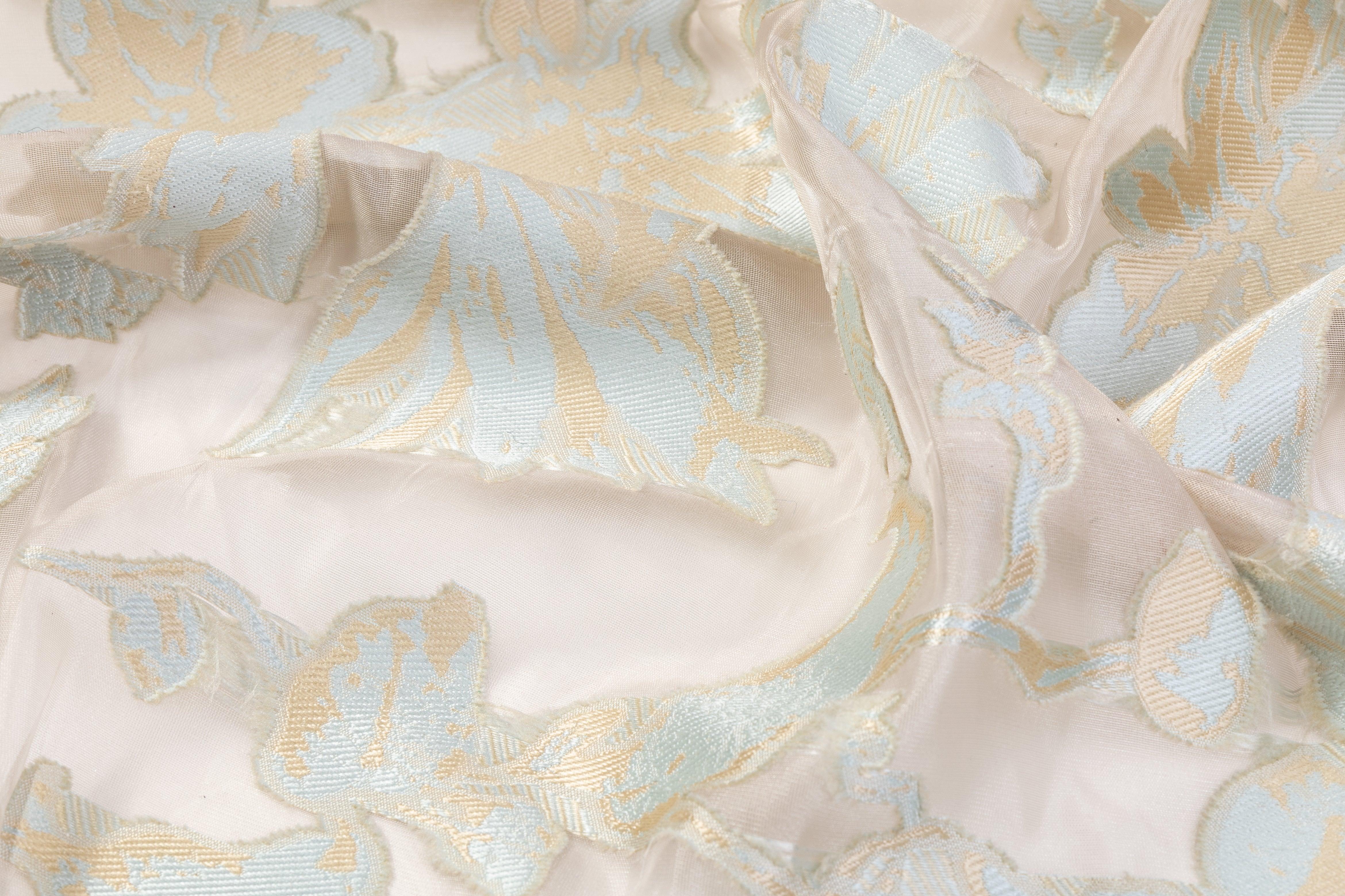 Leaf Pattern Burnout Metallic Organza - Gold/White - Fabric by the Yard