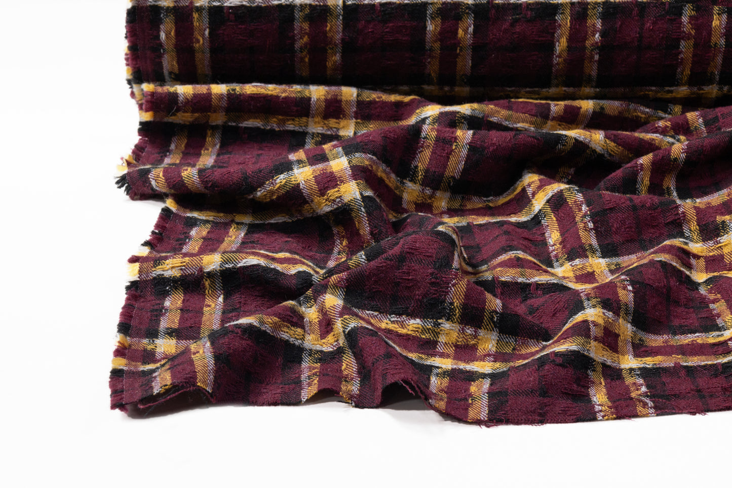 Checked Italian Wool Blend Tweed Coating - Burgundy / Yellow