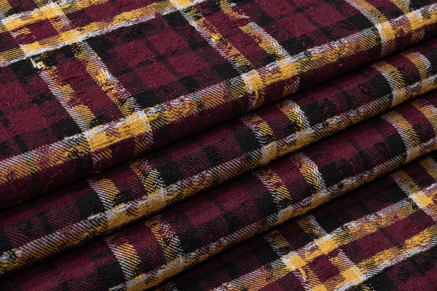 Checked Italian Wool Blend Tweed Coating - Burgundy / Yellow