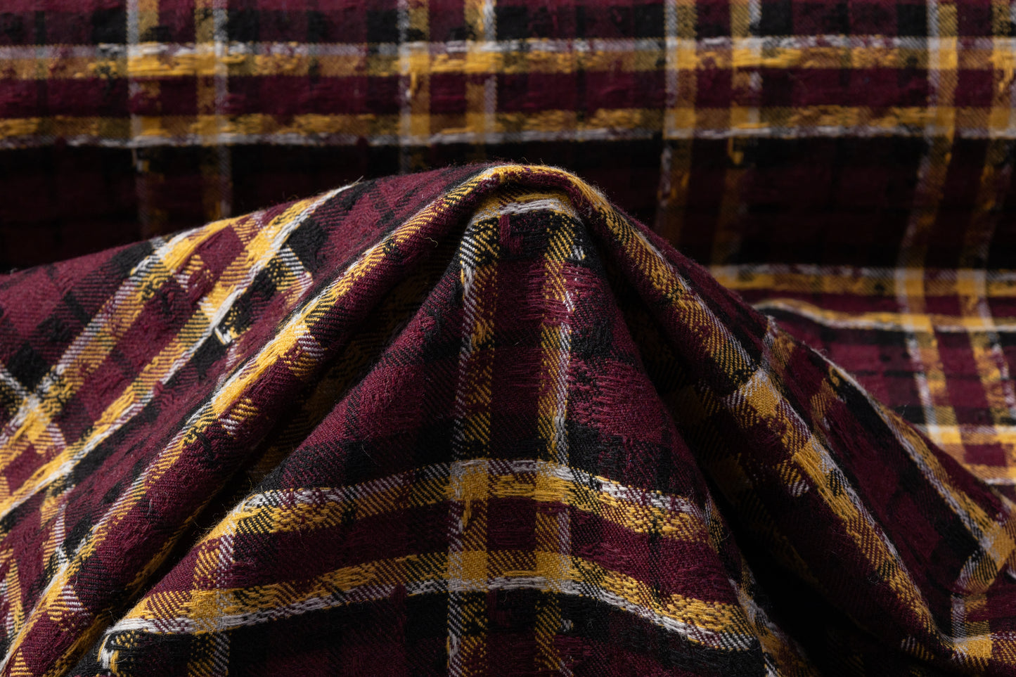 Checked Italian Wool Blend Tweed Coating - Burgundy / Yellow