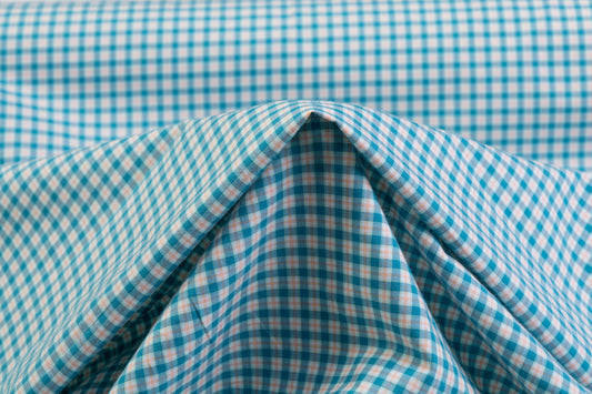 Checked Cotton Shirting - Blue / Peach