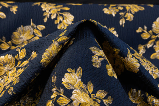 Double Faced Floral Metallic Brocade - Navy / Yellow