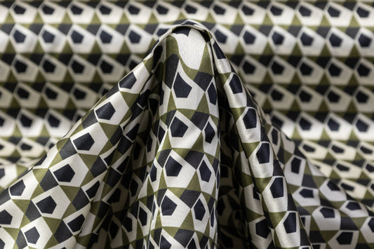 Geometric Silk Charmeuse - Black / Green / Off White