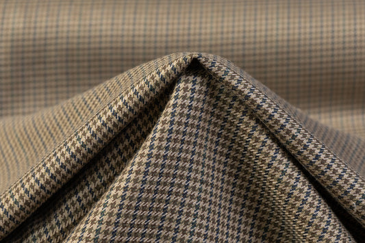 Micro Houndstooth Italian Wool Viscose Suiting - Khaki Green / Blue