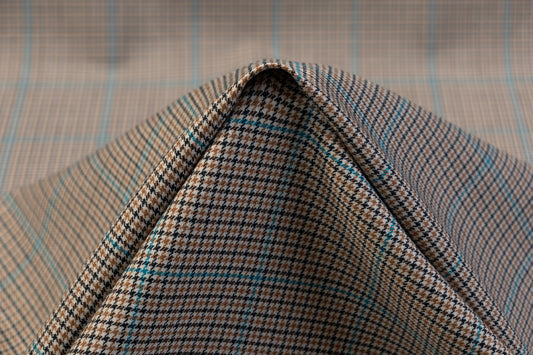 Checked Italian Wool Blend Stretch Suiting - Tan / Turquoise