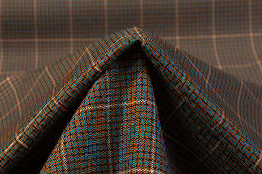 Checked Italian Wool Blend Stretch Suiting - Brown / Turquoise