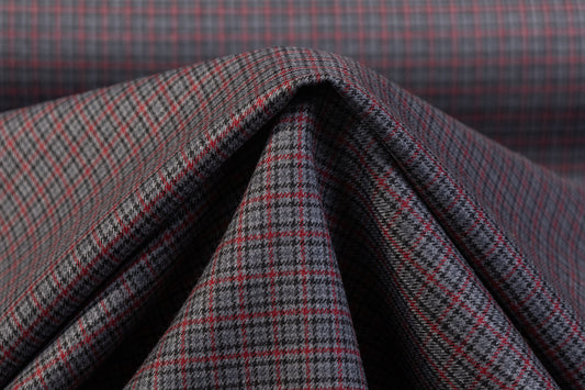 Micro Plaid Italian Wool Suiting - Gray / Red