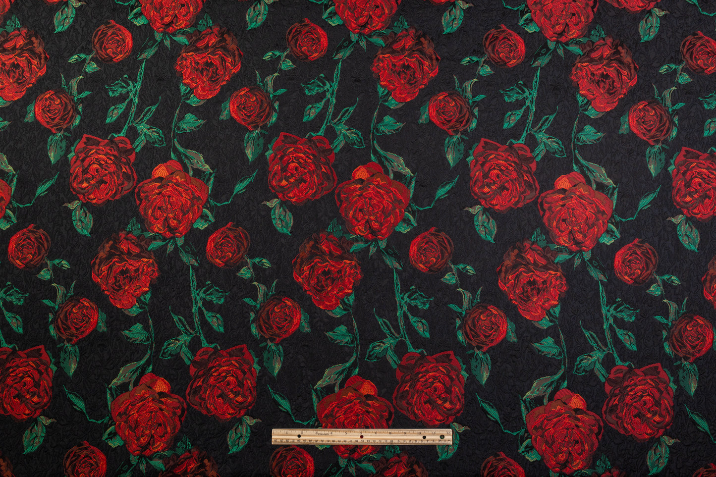 Rose Floral Italian Brocade - Red / Green / Black