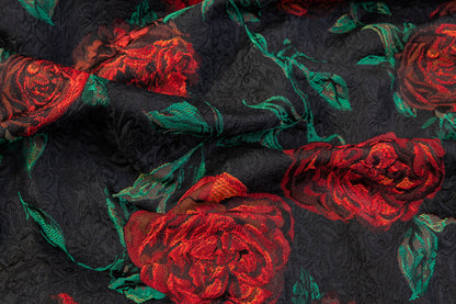 Rose Floral Italian Brocade - Red / Green / Black