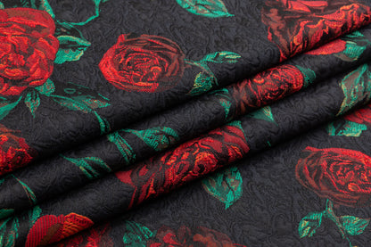 Rose Floral Italian Brocade - Red / Green / Black