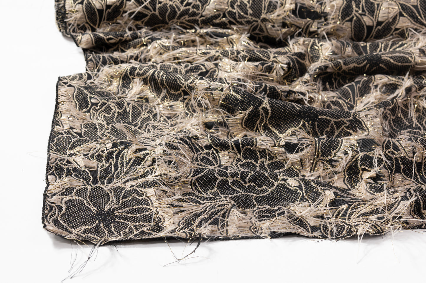 Fringed Floral Metallic Italian Brocade - Taupe / Black / Gold