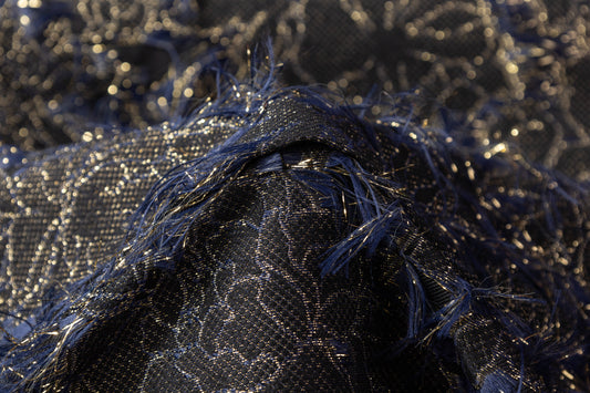 Fringed Floral Metallic Brocade - Navy / Gold / Black