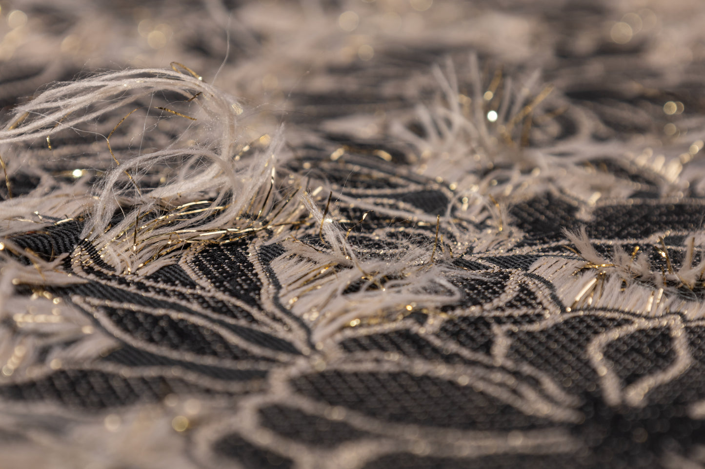 Fringed Floral Metallic Italian Brocade - Taupe / Black / Gold