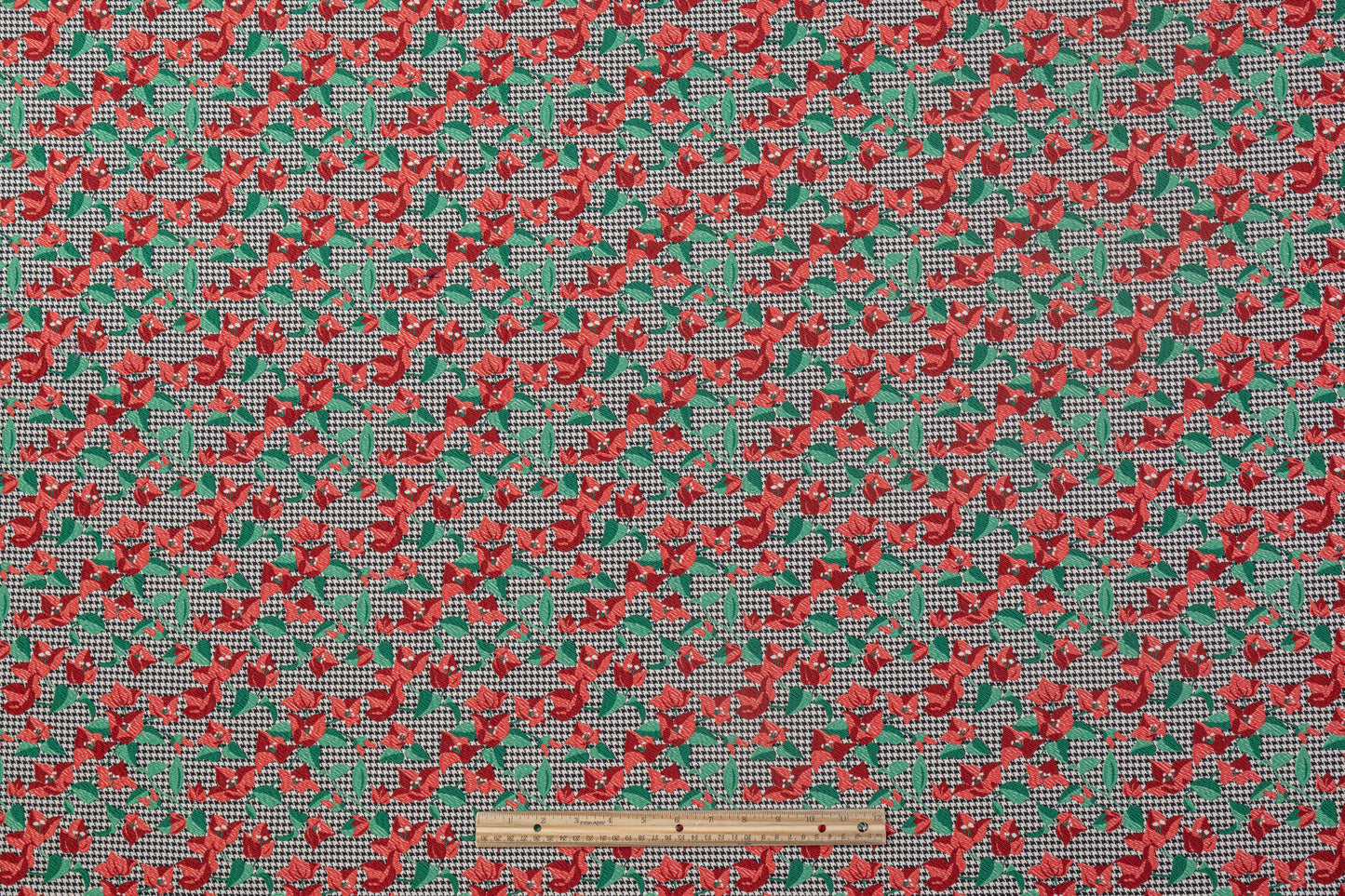 Houndstooth Floral Italian Brocade - Red / Green / Black / White