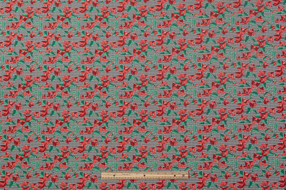 Houndstooth Floral Italian Brocade - Red / Green / Black / White