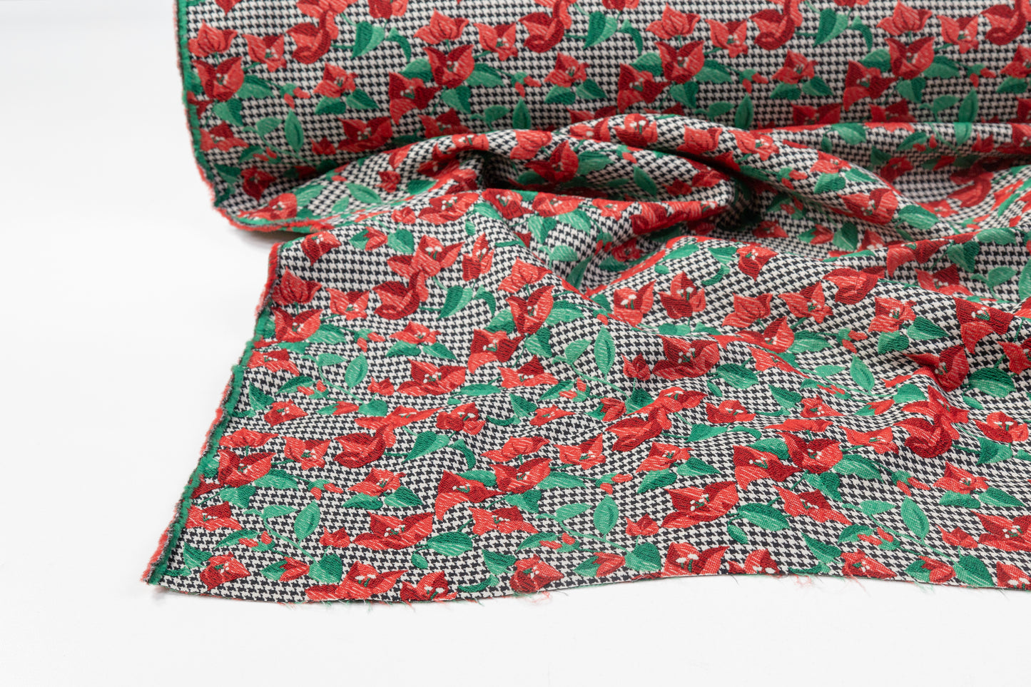 Houndstooth Floral Italian Brocade - Red / Green / Black / White