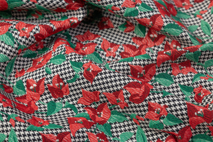 Houndstooth Floral Italian Brocade - Red / Green / Black / White