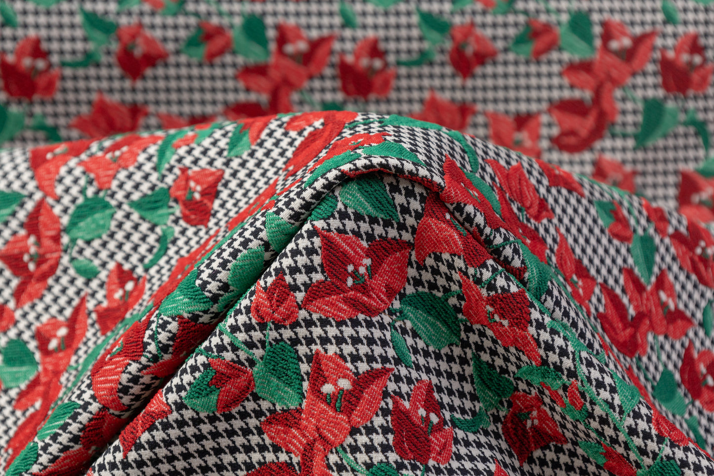 Houndstooth Floral Italian Brocade - Red / Green / Black / White