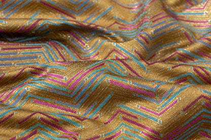 Chevron Metallic Poly Cotton Italian Brocade - Gold / Fuchsia / Blue