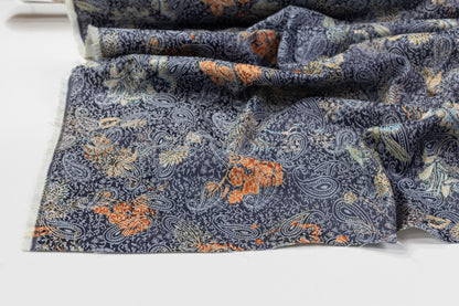 Paisley Printed Italian Stretch Brocade - Orange / Blue