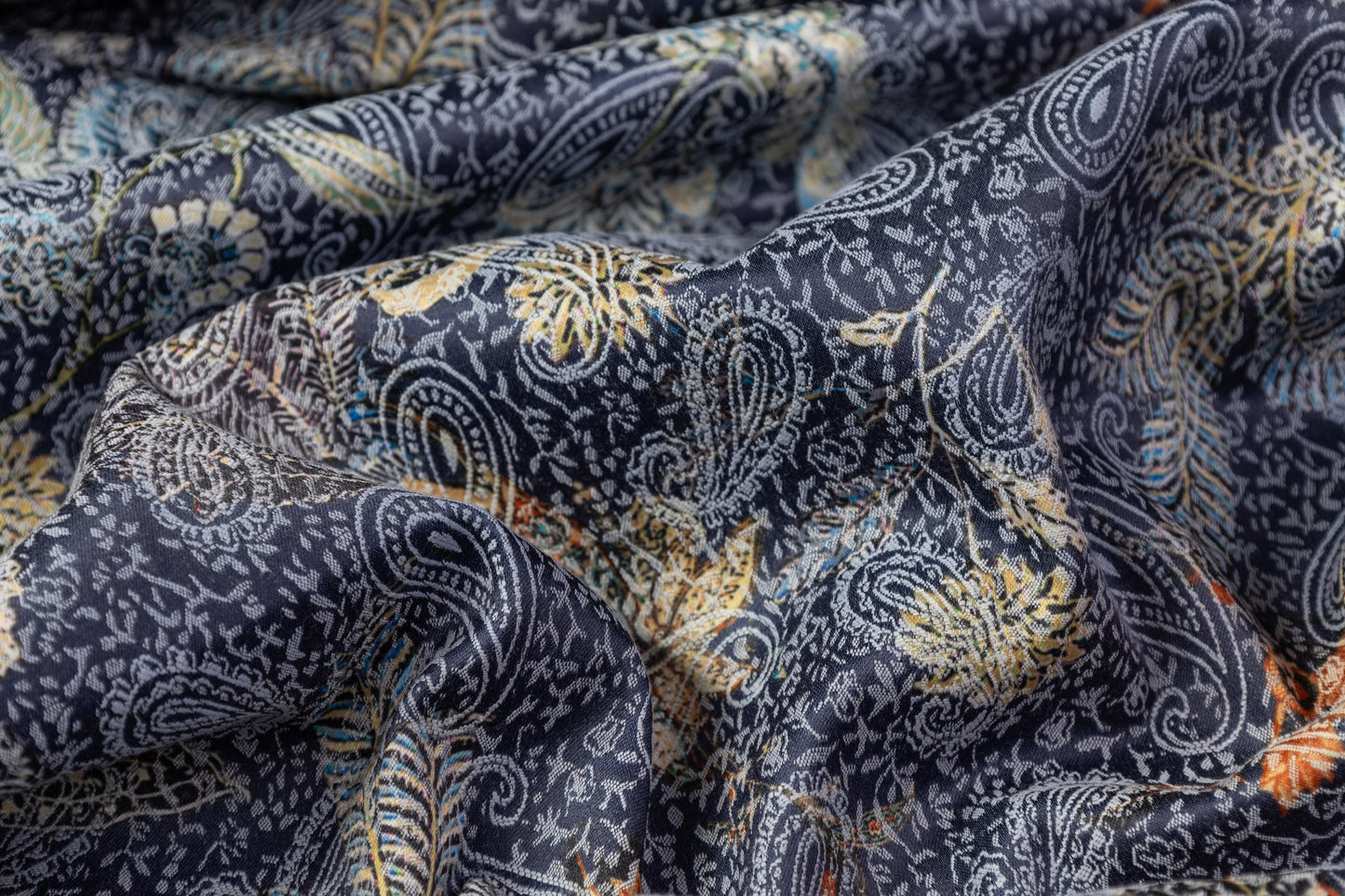 Paisley Printed Italian Stretch Brocade - Orange / Blue