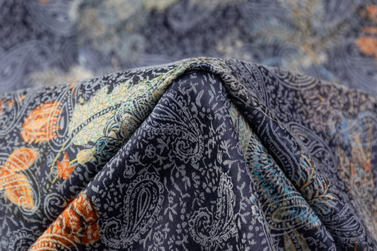 Paisley Printed Italian Stretch Brocade - Orange / Blue