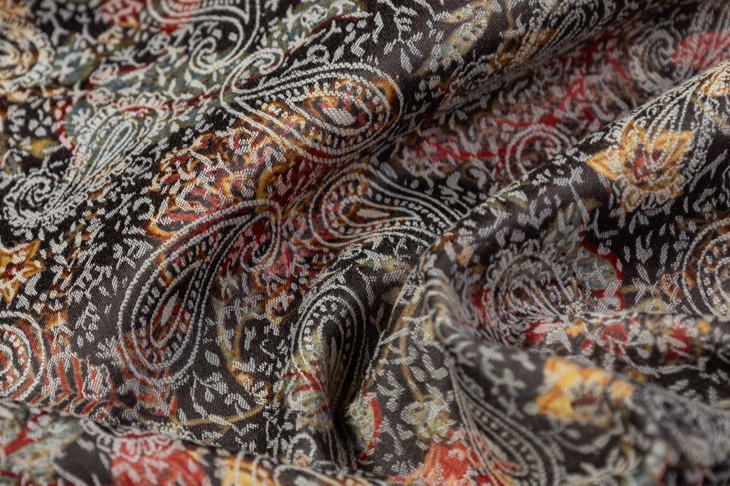 Paisley Printed Italian Stretch Brocade - Orange / Red / Gray