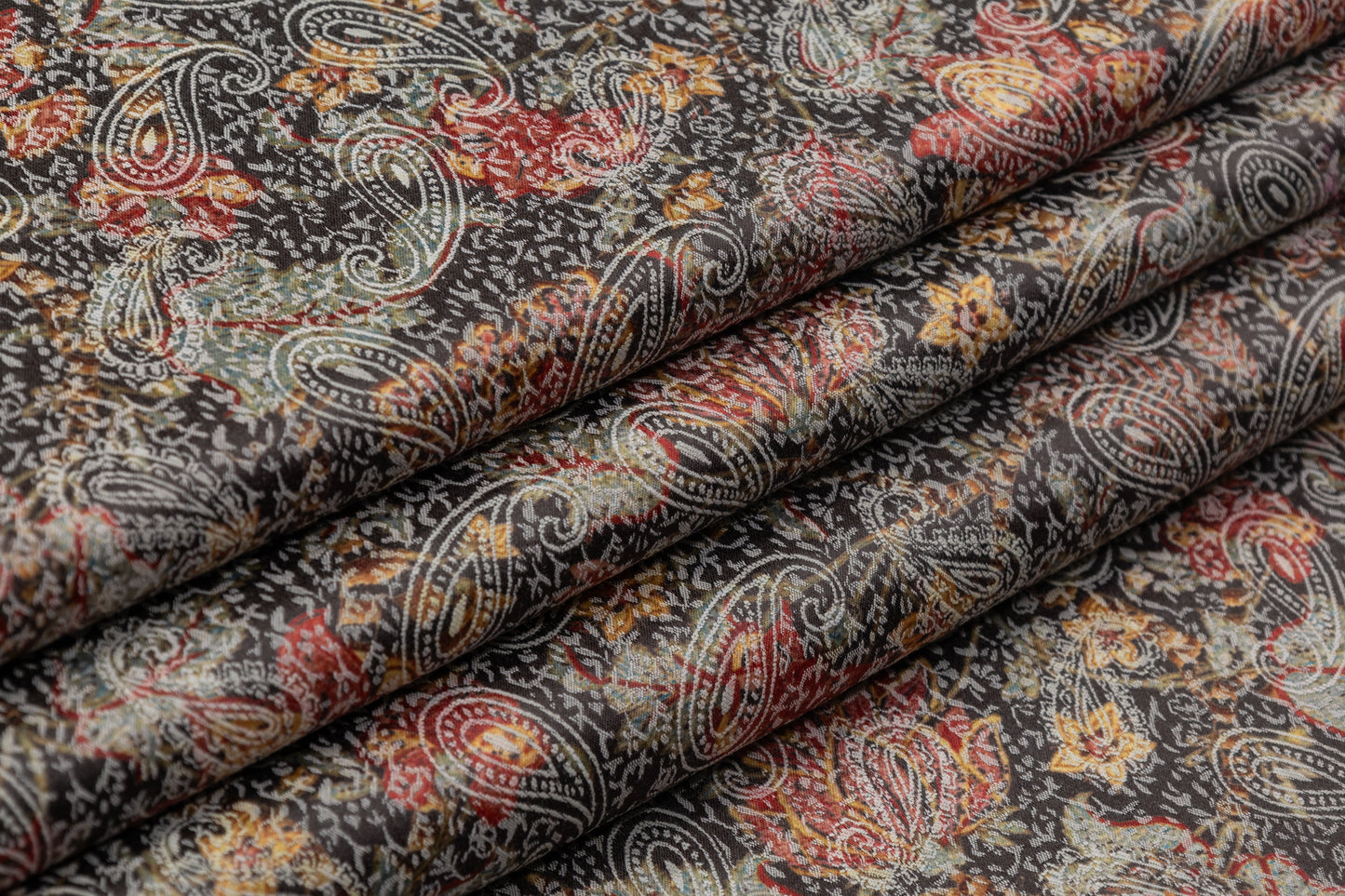 Paisley Printed Italian Stretch Brocade - Orange / Red / Gray