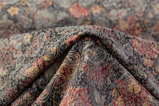 Paisley Printed Italian Stretch Brocade - Orange / Red / Gray