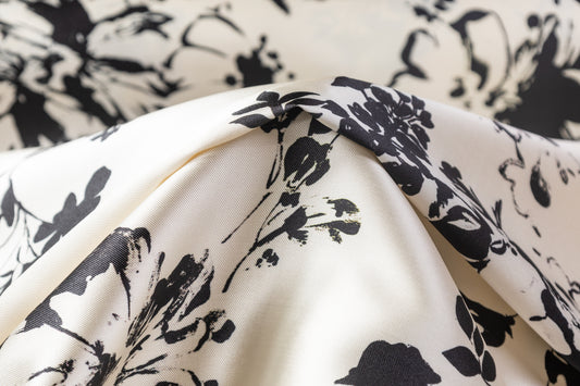 Floral Printed Poly Mikado - Off White / Black