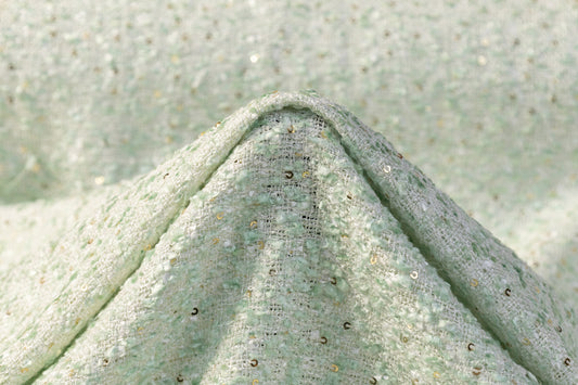 Sequined Viscose Chenille Tweed - Green / White / Gold