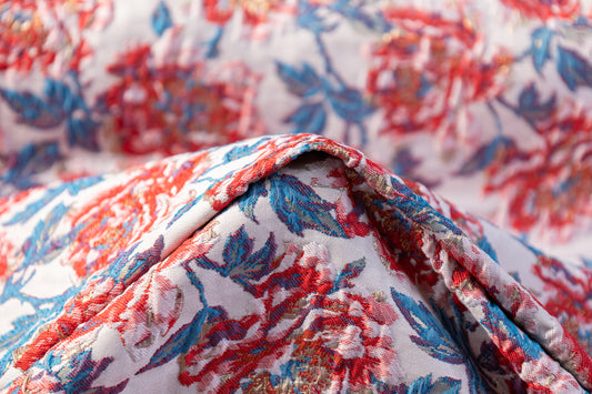 Floral Crushed Metallic Brocade - Red / Blue