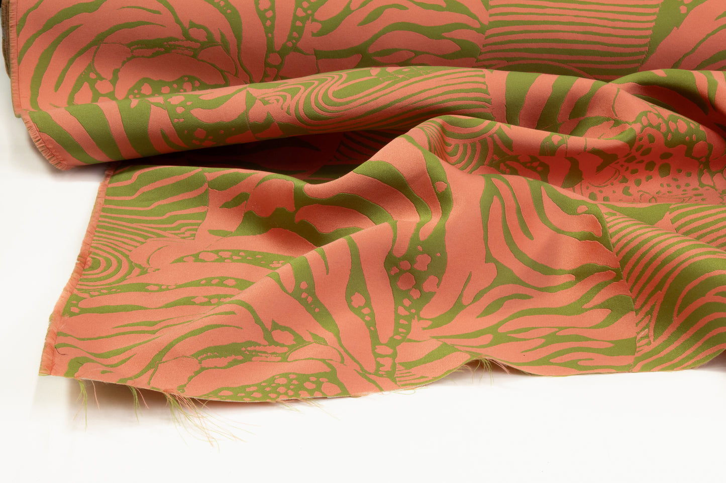 Abstract Tiger Italian Silk Blend Brocade - Green / Coral Pink