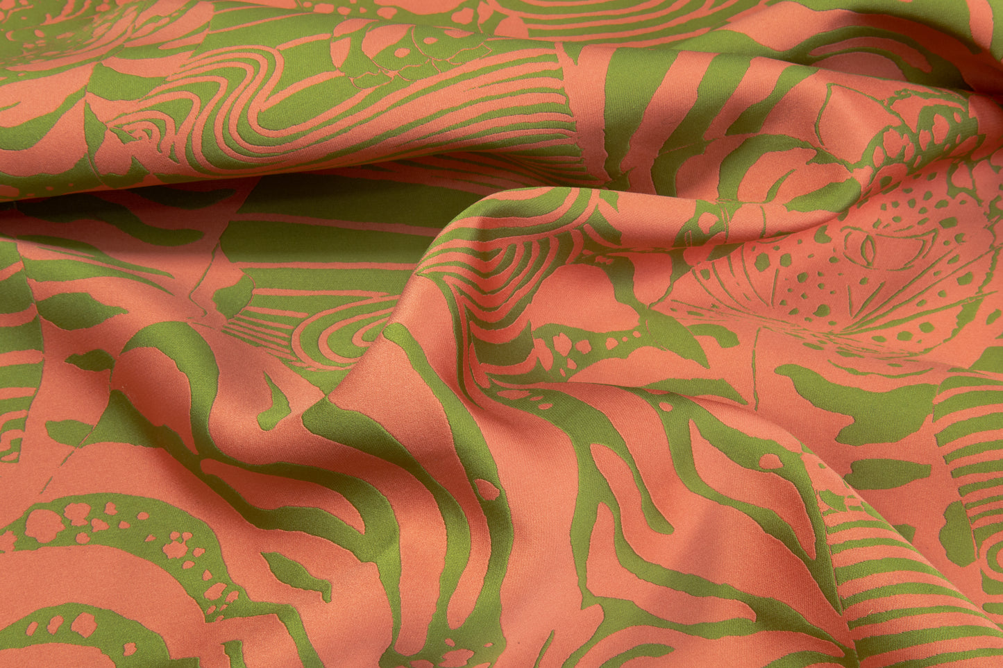 Abstract Tiger Italian Silk Blend Brocade - Green / Coral Pink