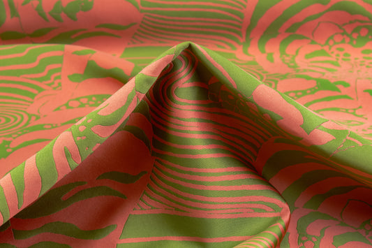 Abstract Tiger Italian Silk Blend Brocade - Green / Coral Pink