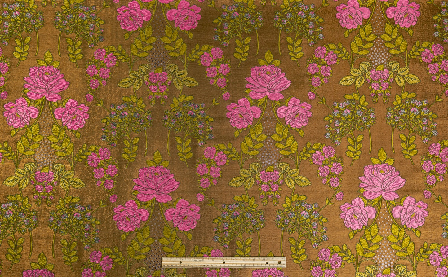 Floral Wool Blend Italian Brocade - Antique Gold / Pink / Green