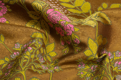 Floral Wool Blend Italian Brocade - Antique Gold / Pink / Green