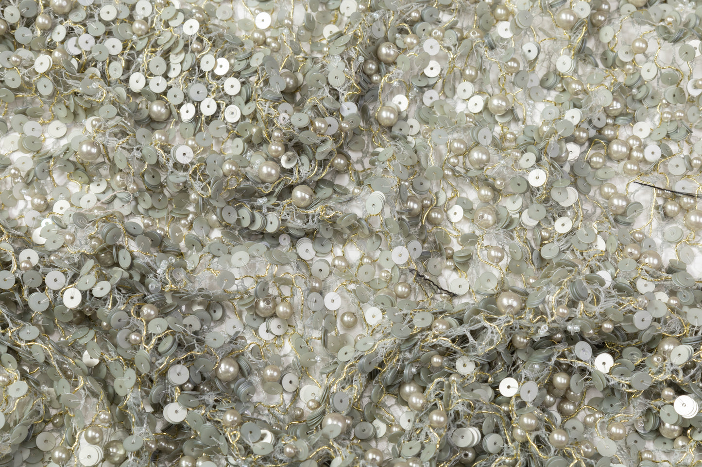 Hand Beaded and Sequined Metallic Lace - Sage Green