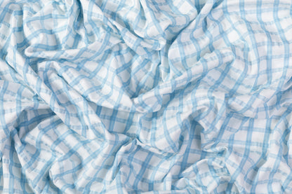 Checked Poly Cotton Seersucker - Blue / White