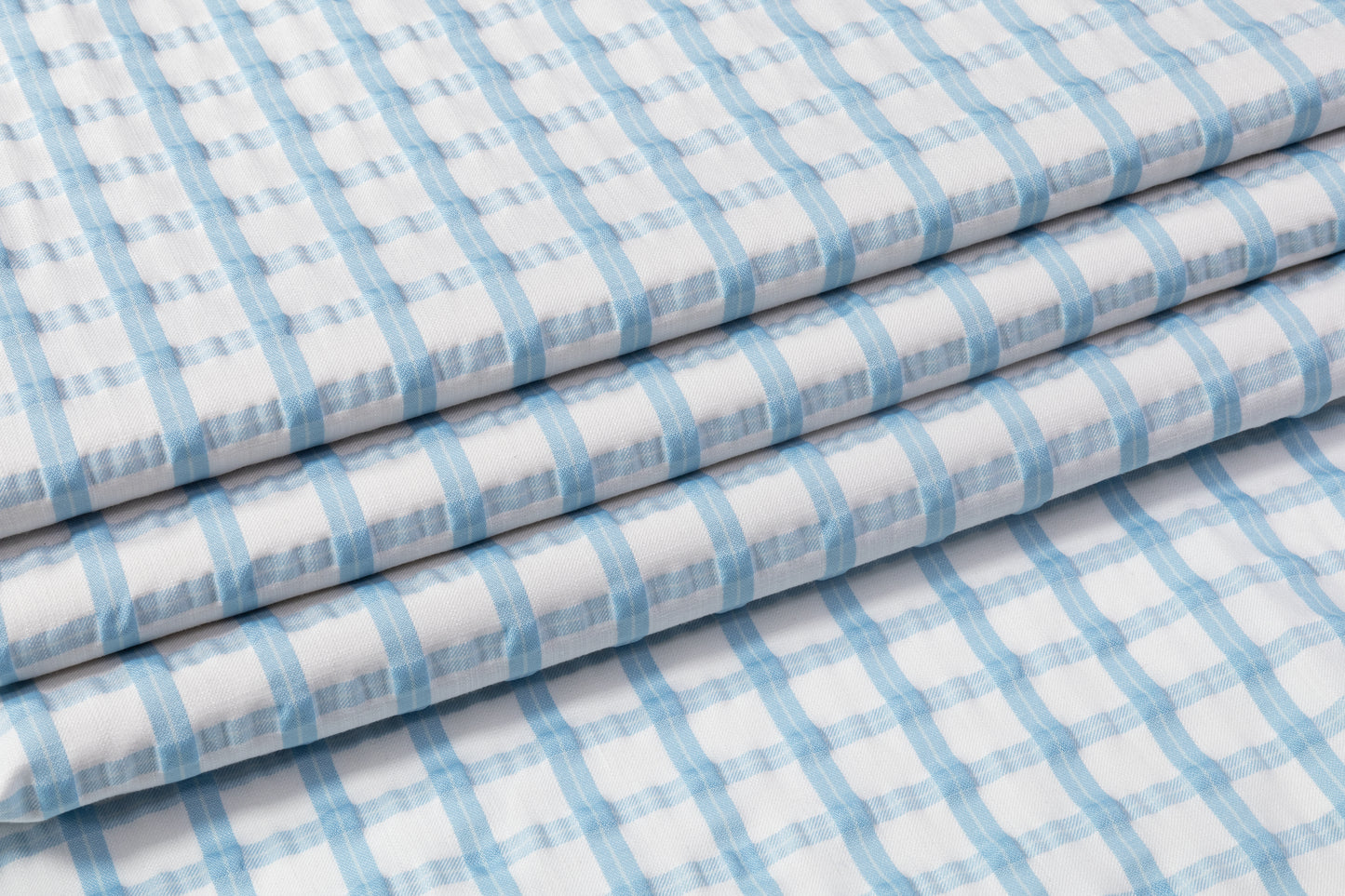 Checked Poly Cotton Seersucker - Blue / White