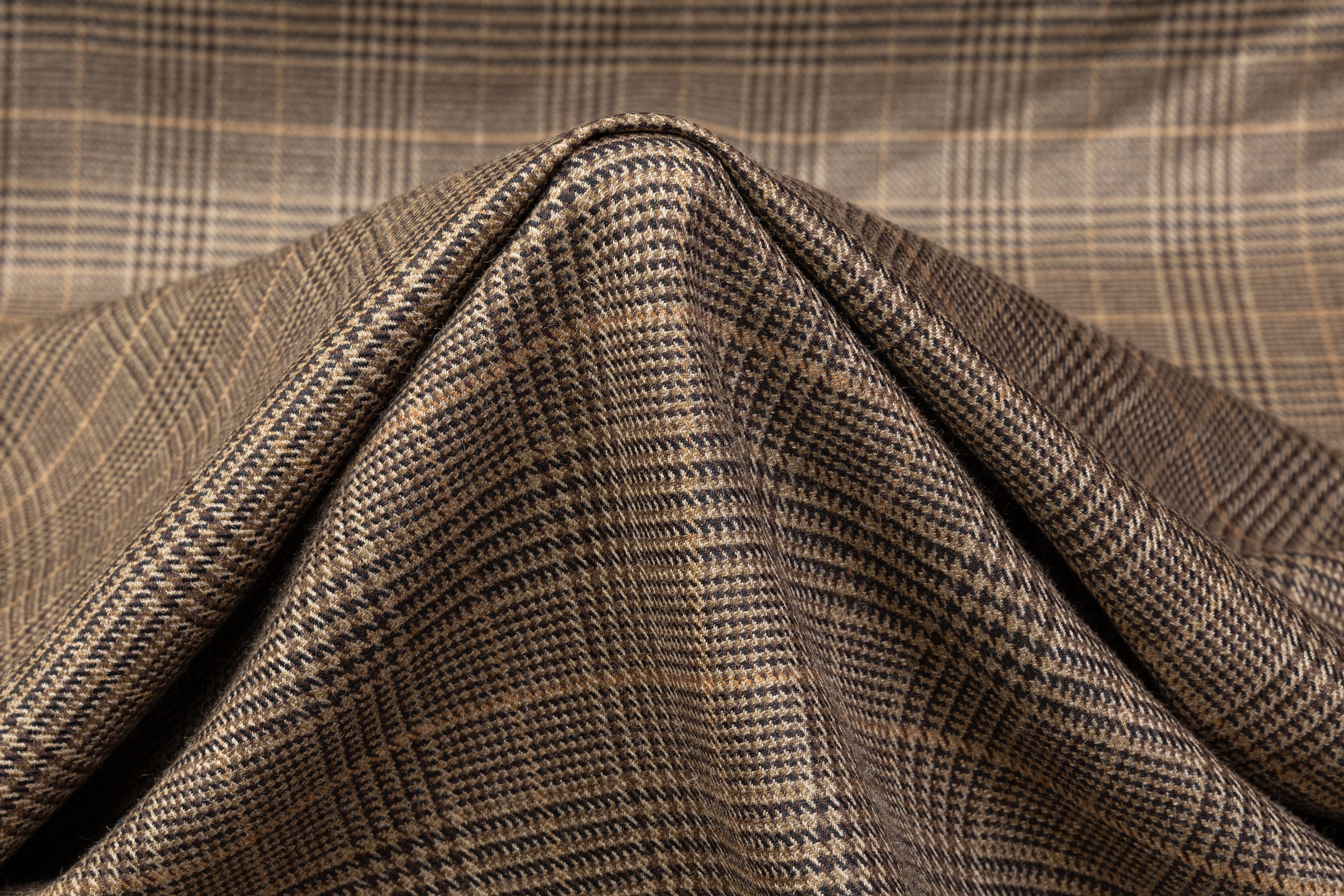 Plaid WOOL hot Suiting Fabric, Stretch BROWN BEIGE Tartan, Orange Glen Check, made in Italy, for Suit Dress Jacket, 1.20 meter