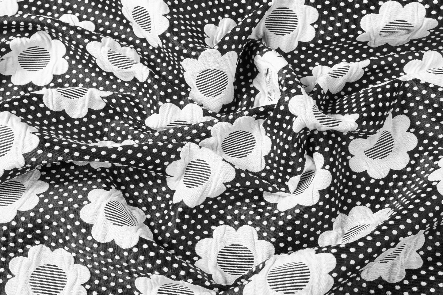 Double Faced Floral Poly Cotton Brocade - Black / White