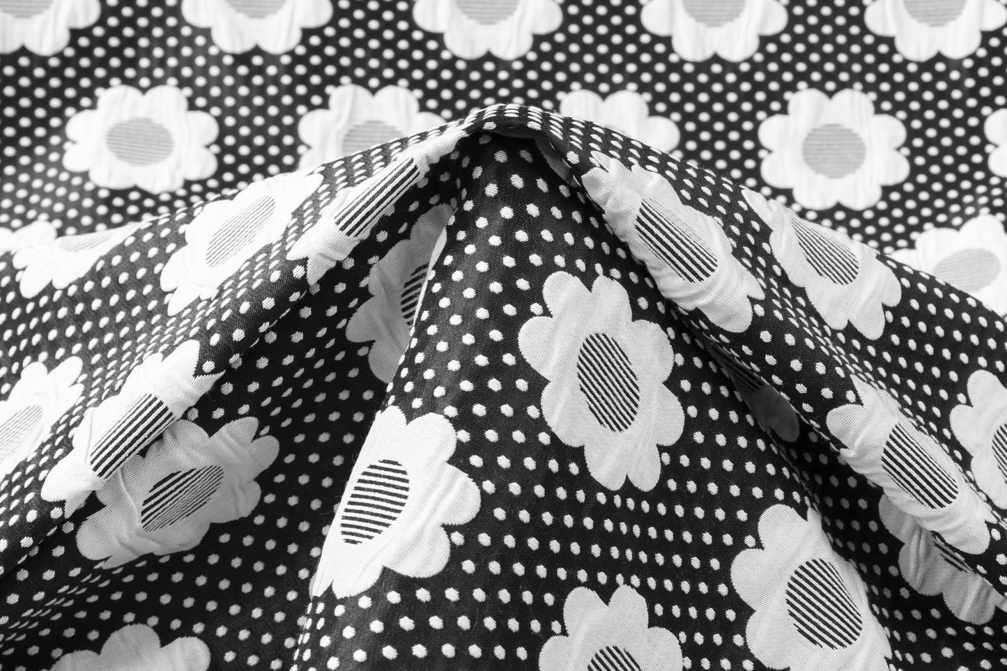 Double Faced Floral Poly Cotton Brocade - Black / White