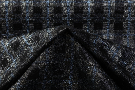 Checked Metallic Stretch Brocade - Black / Gray / Blue