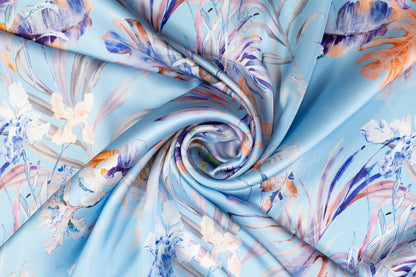 Tropical Floral Italian Silk Charmeuse - Blue Multicolor