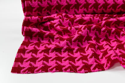 Houndstooth Wool Mohair Tweed Coating - Pink / Maroon