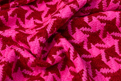 Houndstooth Wool Mohair Tweed Coating - Pink / Maroon