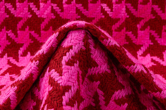 Houndstooth Wool Mohair Tweed Coating - Pink / Maroon