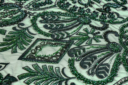 Damask Beaded and Embroidered Tulle - Emerald Green