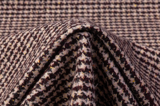 Italian Houndstooth Wool Tweed Boucle - Pink / Burgundy